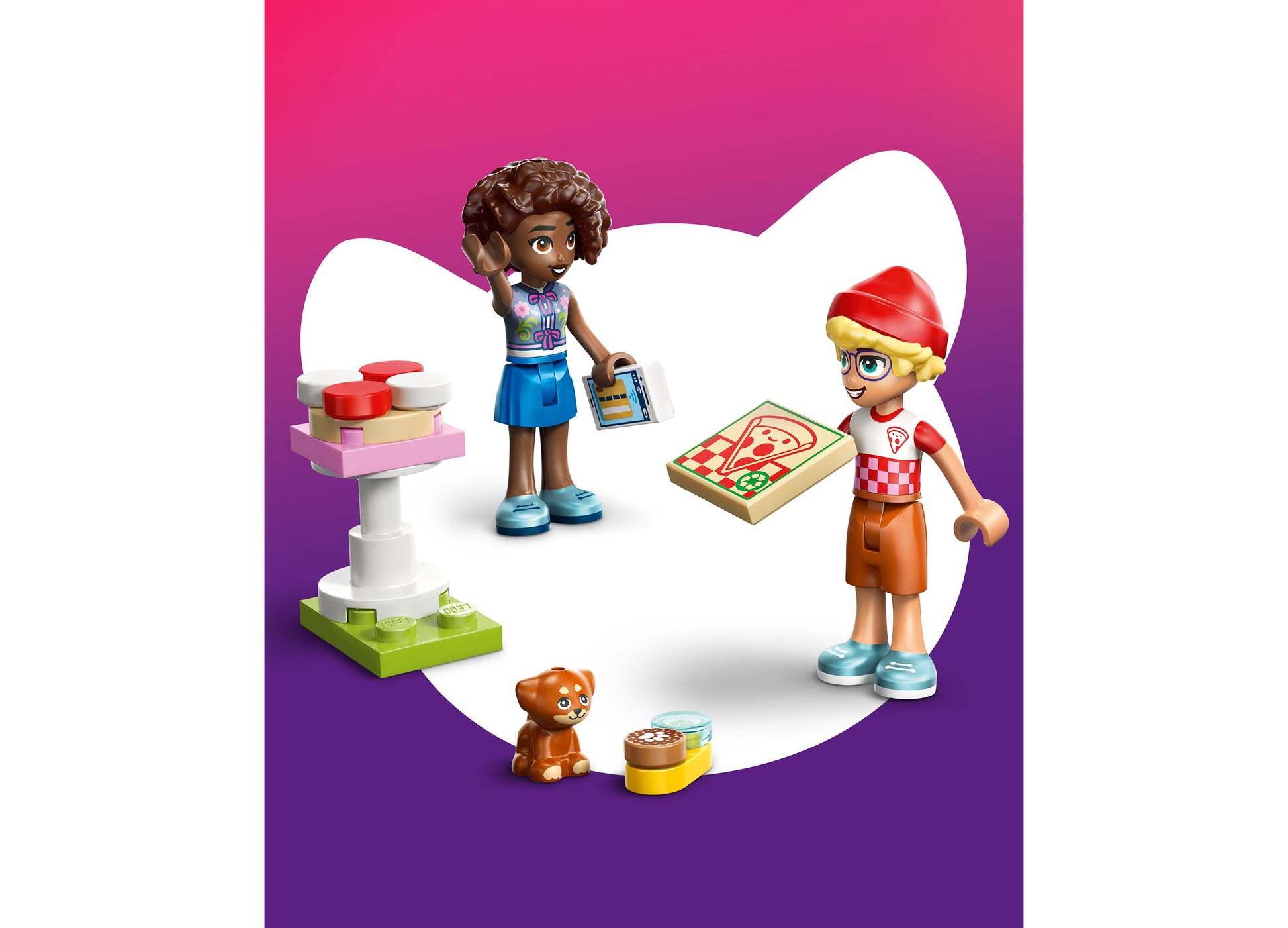 LEGO Friends Pizza Truck 42694 building set with minifigures, pizza accessories, and brown puppy