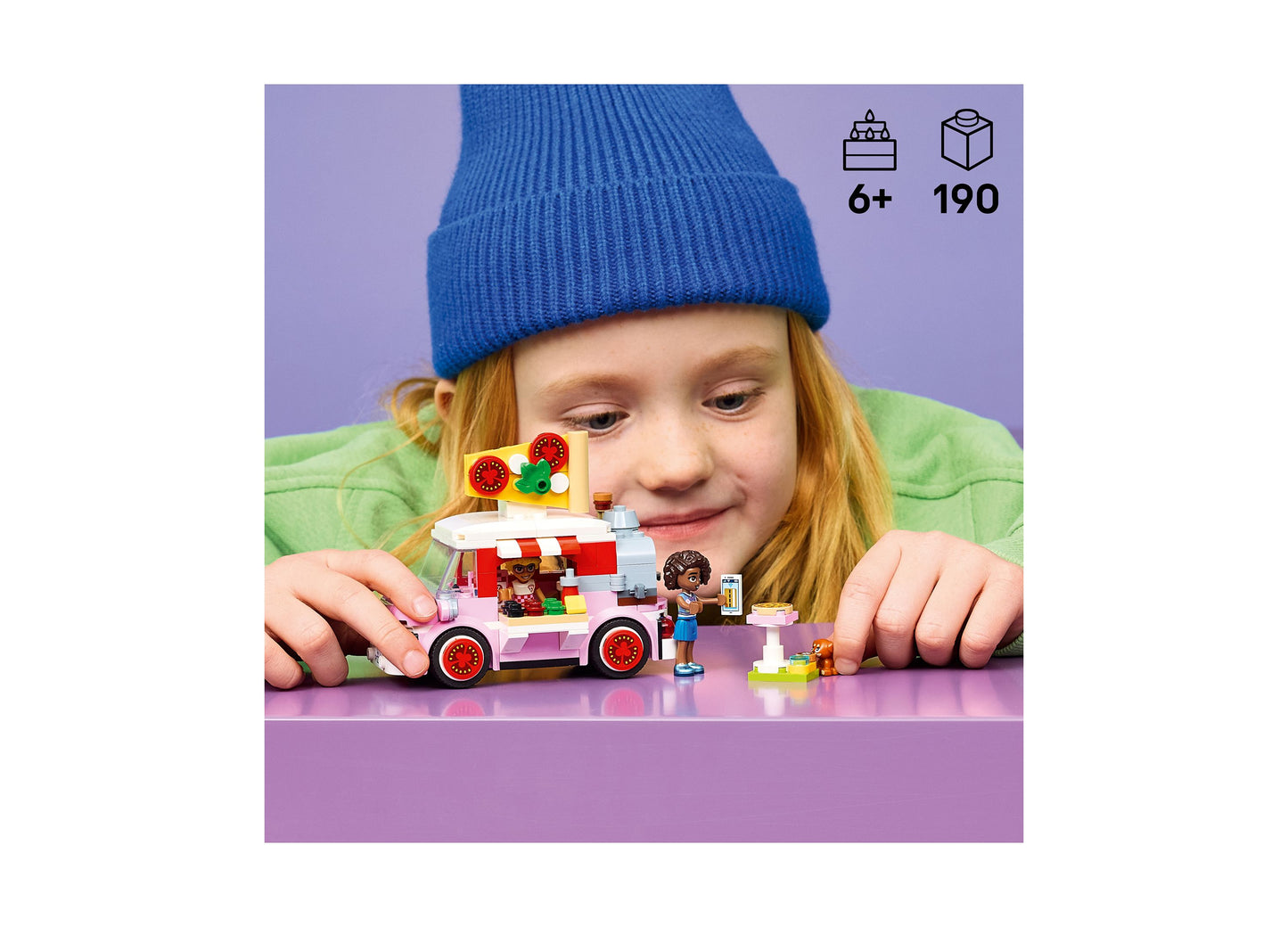 LEGO Friends Pizza Truck 42694 building set with 190 pieces, featuring red and pink truck with minifigures