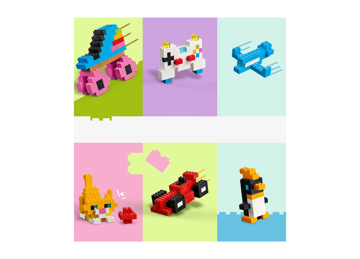 LEGO Classic Creative Colorful Bricks 11045 set featuring colorful pixel-art animals and creatures in blue, pink, yel...