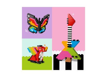 LEGO Classic Creative Colorful Bricks 11045 set featuring colorful pixel art builds including butterfly, lollipop, di...