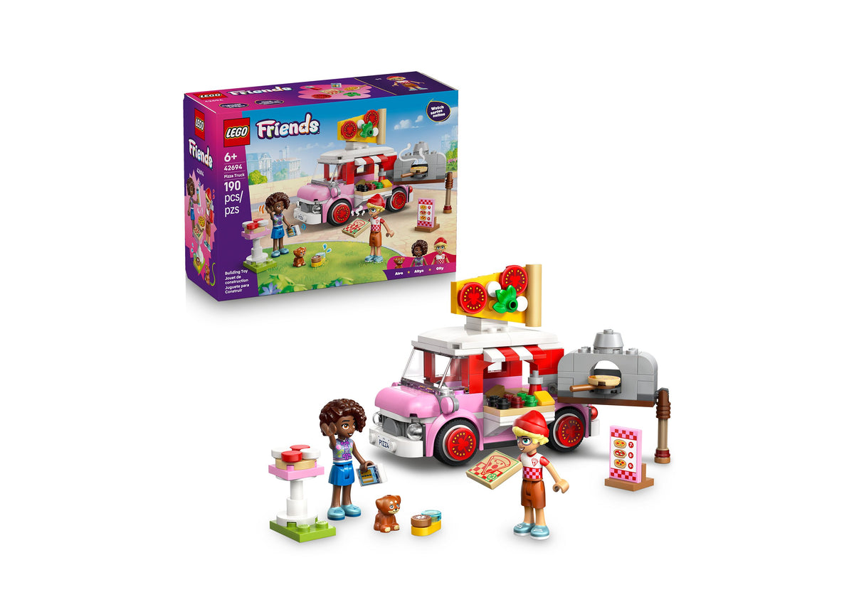 LEGO Friends Pizza Truck 42694 building set with pink food truck, minifigures, and accessories