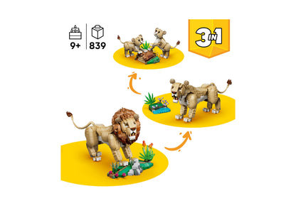 LEGO Wild Animals Majestic Lion 31386 3-in-1 building set with 839 pieces showing lion, elephant, and giraffe models