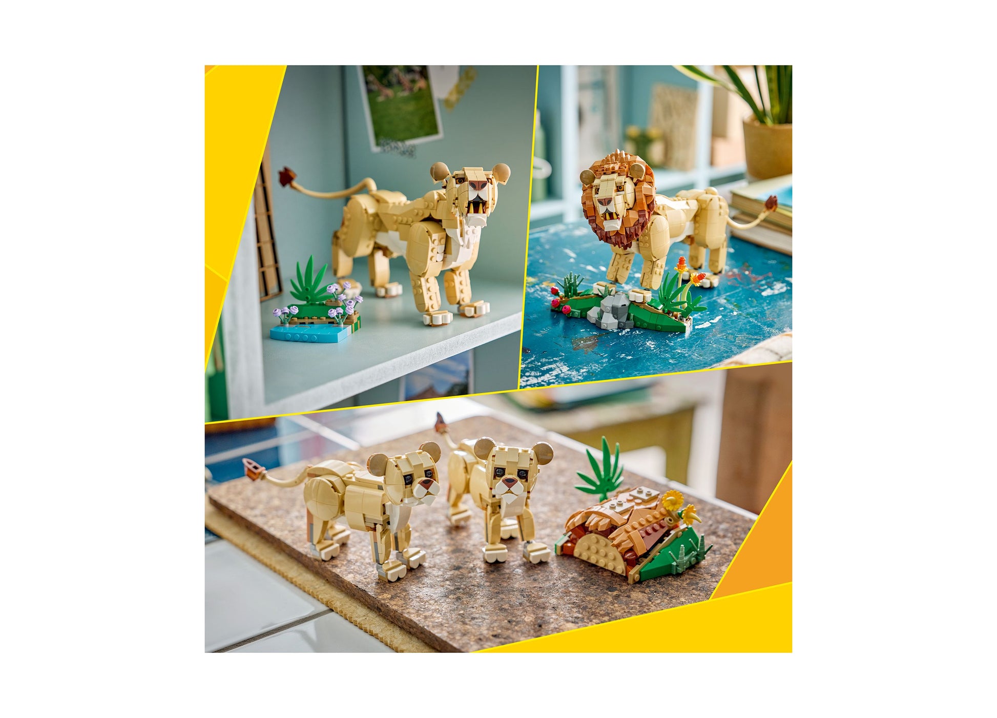 LEGO Wild Animals Majestic Lion 31386 building set with tan lion figure and green plant accessories displayed in mult...