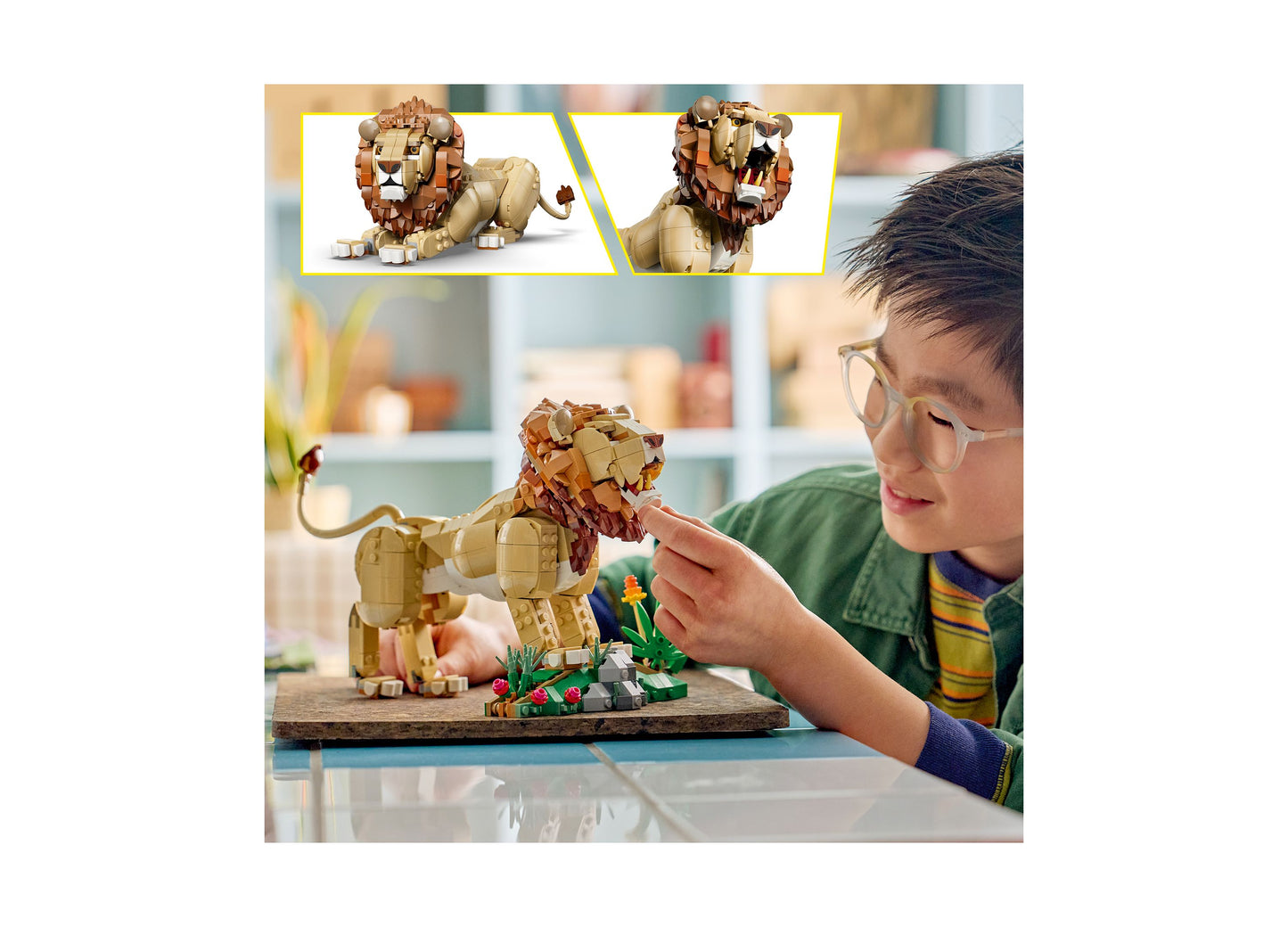 LEGO Wild Animals Majestic Lion 31386 building set with tan and brown pieces, shown assembled and being played with b...