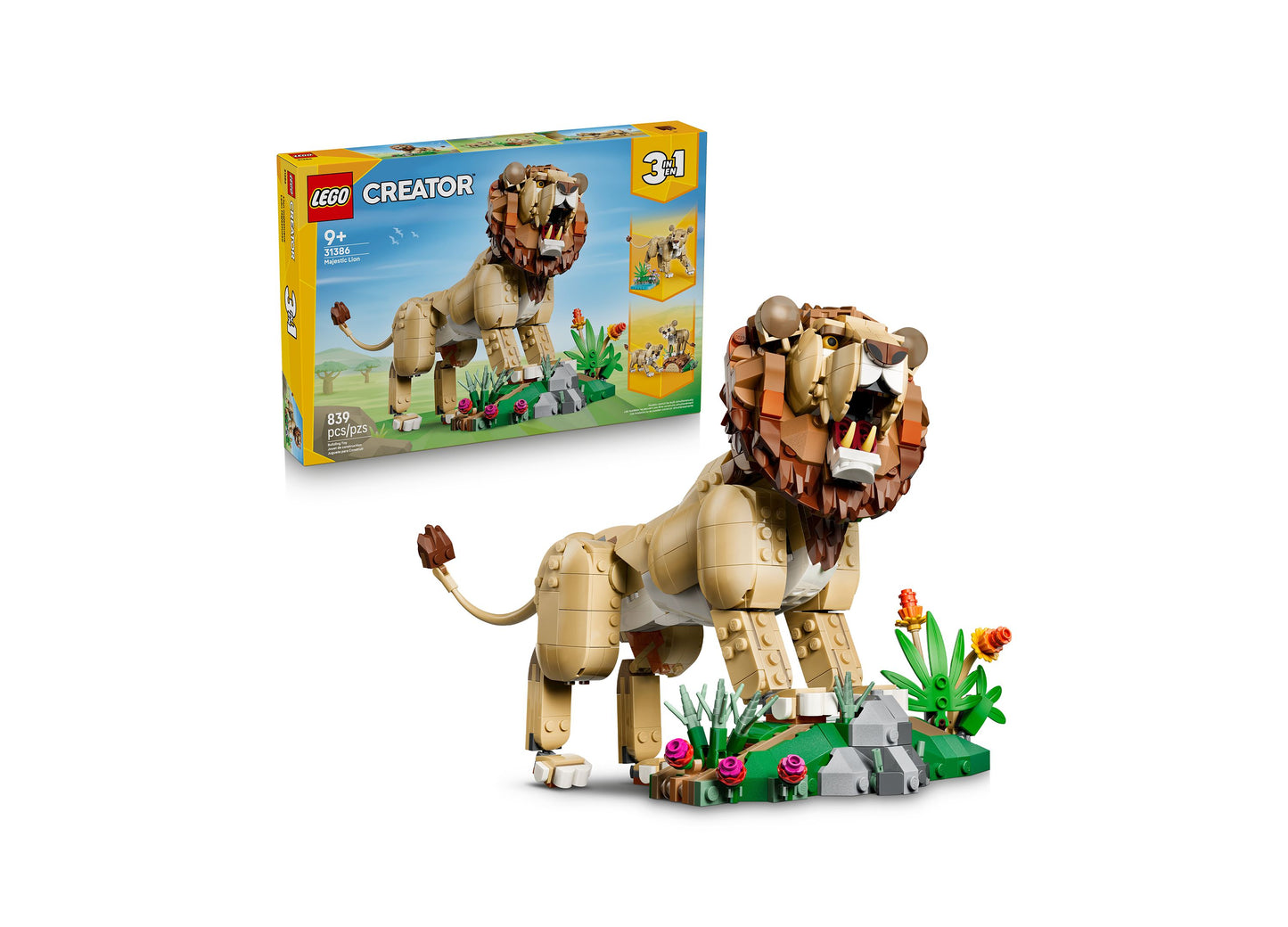 LEGO Creator Wild Animals Majestic Lion 31386 building set with tan and brown lion figure and colorful flowers