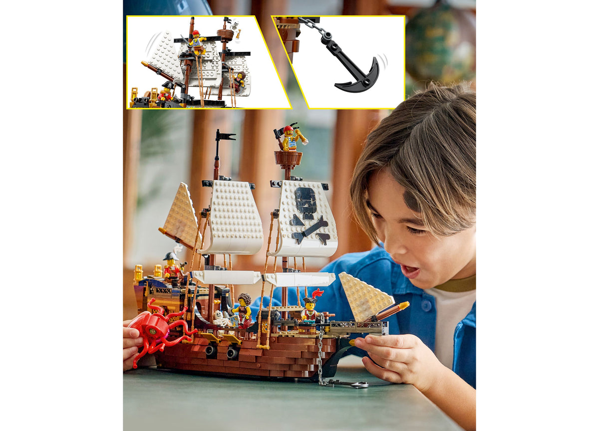 LEGO Creator 3 in 1 Iconic Pirate Ship 31387 building set with child playing, featuring brown wooden ship with white ...