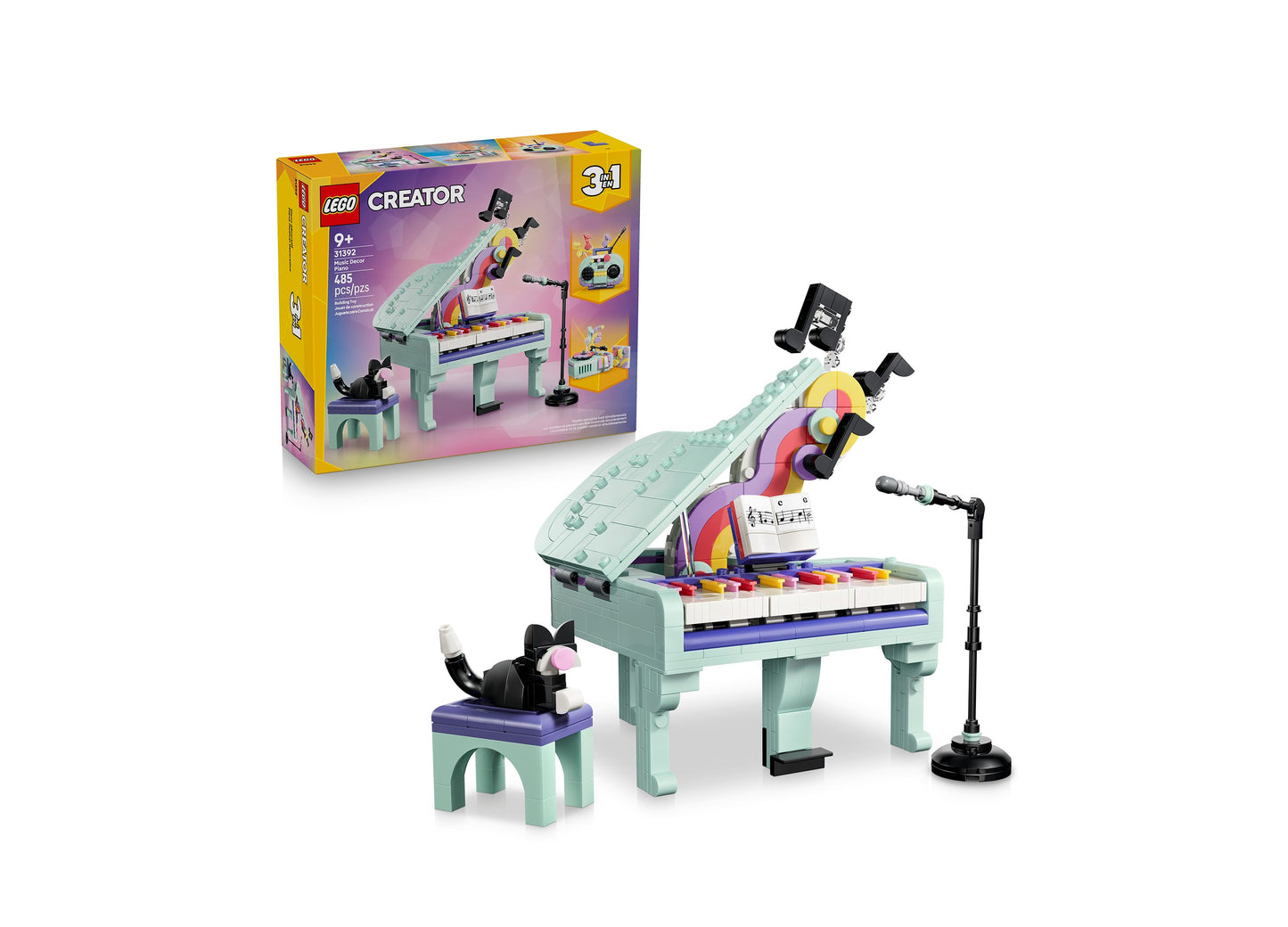 LEGO Creator Music Decor Piano 31392 mint green piano set with colorful keys and cat minifigure