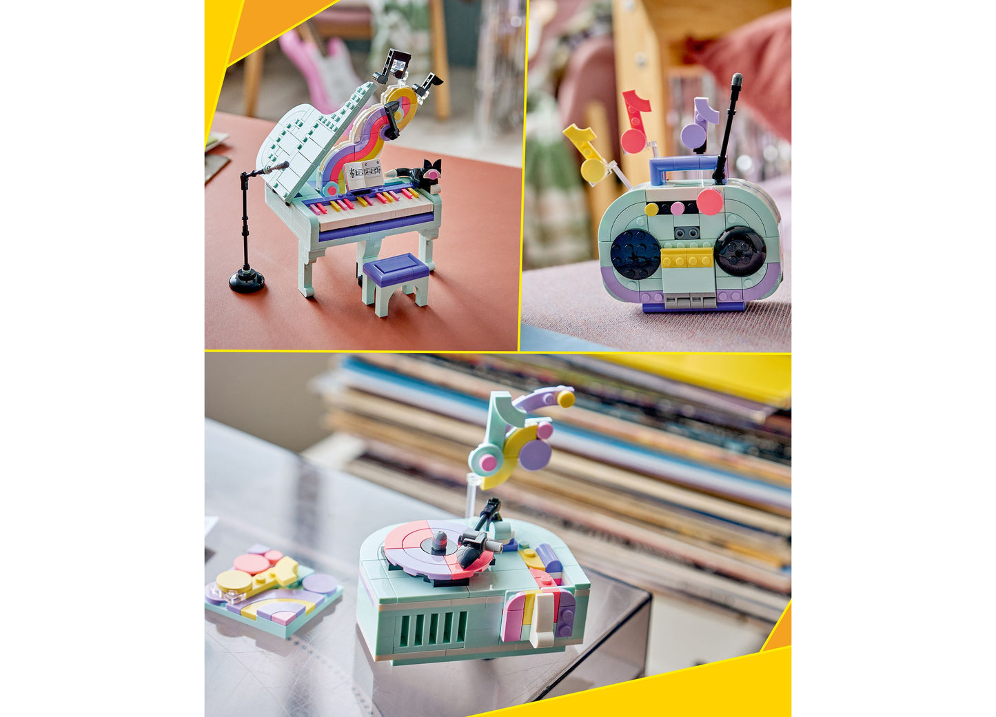 LEGO Creator Music Decor Piano with Cat 31392 building set featuring colorful piano, boombox, and turntable