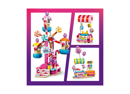 LEGO Friends Candy Cupcake Ferris Wheel 42700 building set with pink, blue, and colorful candy-themed pieces