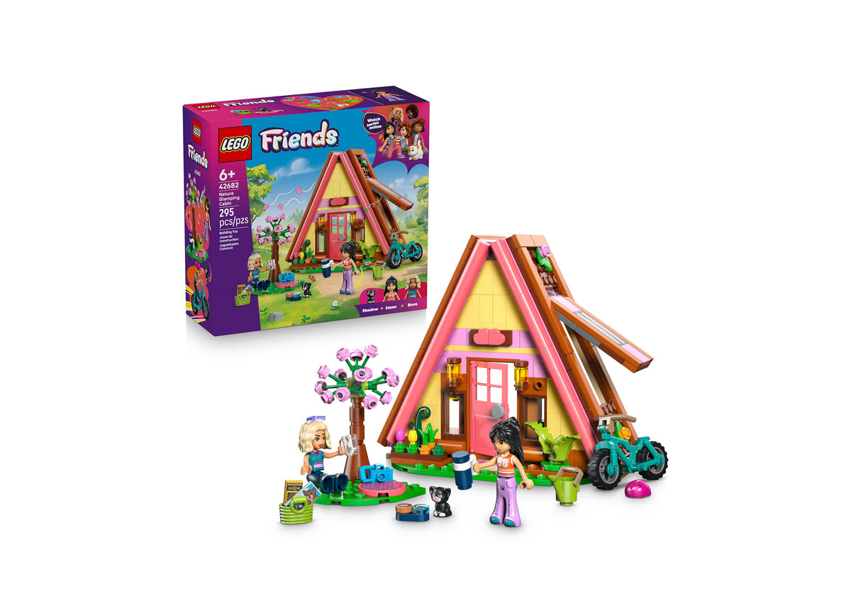 LEGO Friends Nature Glamping Cabin 42682 building set with colorful A-frame cabin, minifigures, and accessories