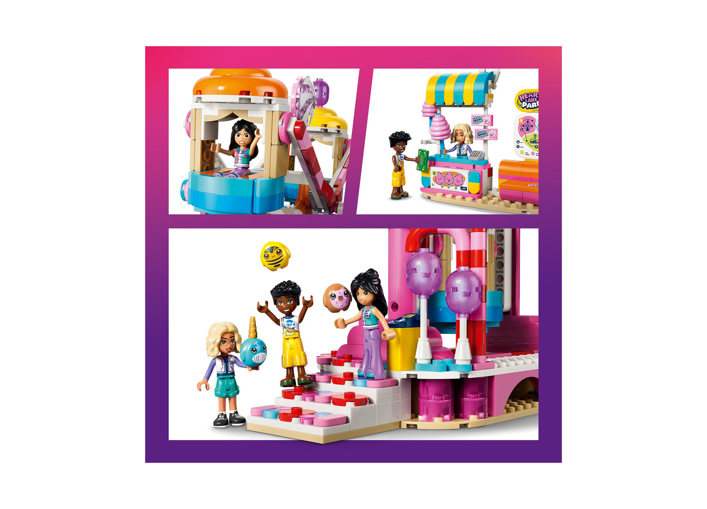 LEGO Friends Candy Cupcake Ferris Wheel 42700 building set with colorful pink, blue, and yellow pieces and minifigures