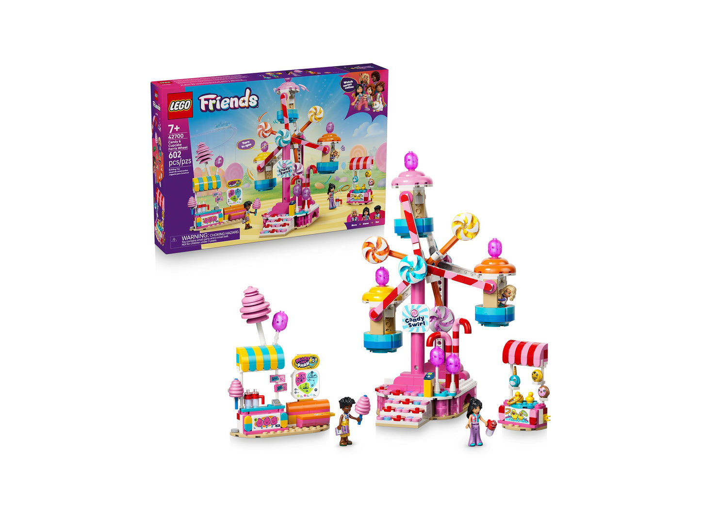 LEGO Friends Candy Cupcake Ferris Wheel 42700 building set with colorful carnival structures and minifigures