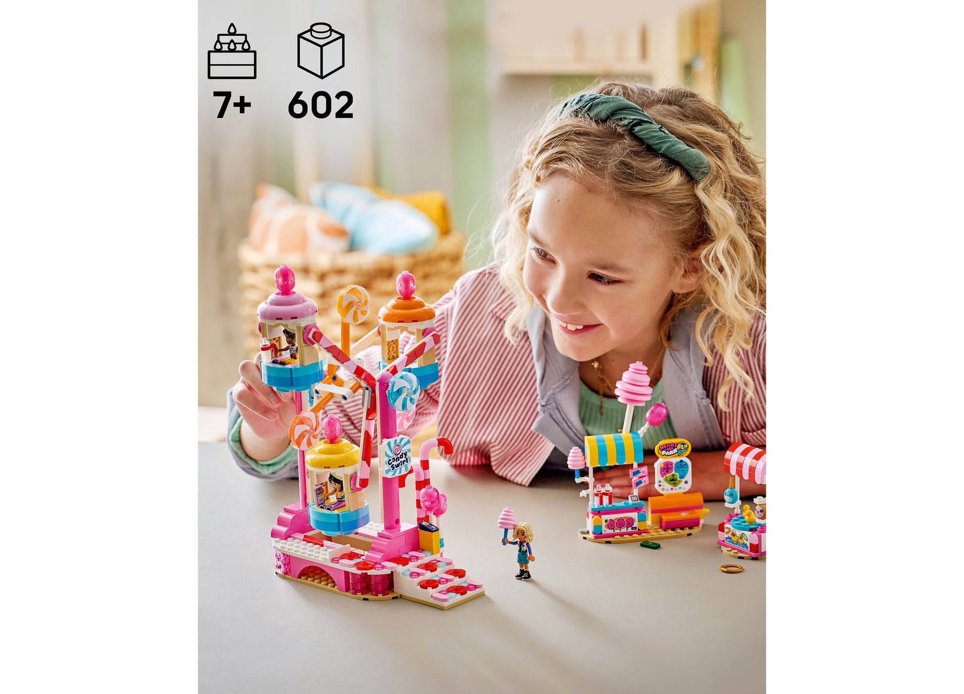 LEGO Friends Candy Cupcake Ferris Wheel 42700 building set with 602 pieces, featuring pink and colorful candy-themed ...