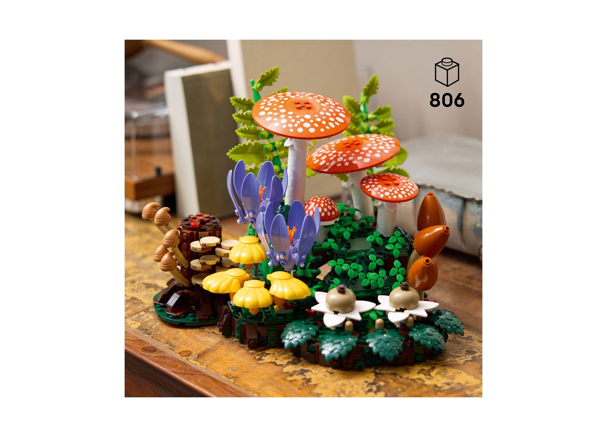 LEGO Botanicals Woodland Mushrooms 806-piece set featuring red spotted mushrooms, yellow flowers, purple flowers, and...