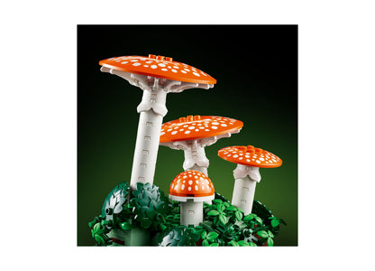 LEGO Botanicals Woodland Mushrooms building set featuring orange and white mushrooms with green foliage base
