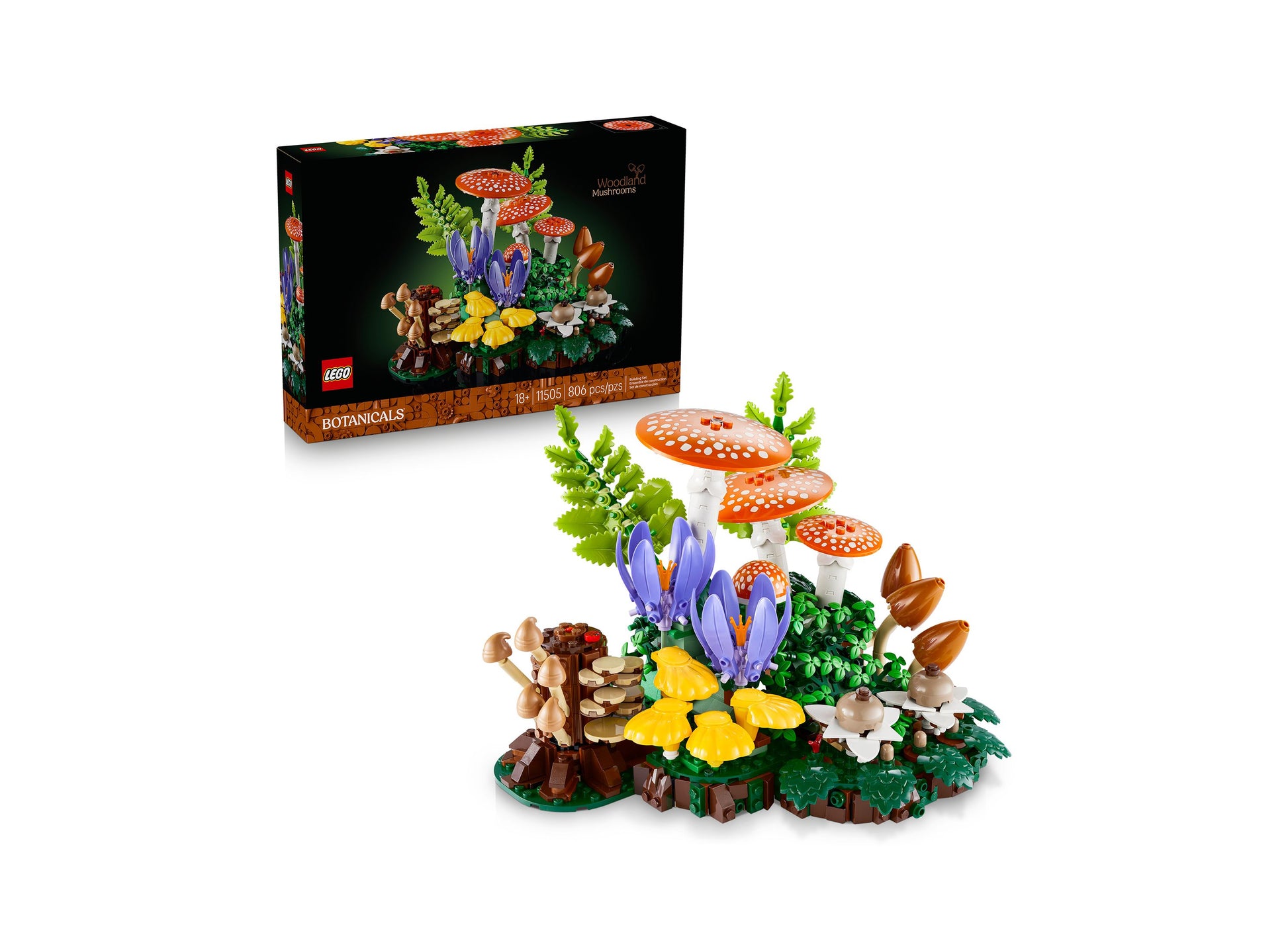 LEGO Botanicals Woodland Mushrooms 11505 building set with red spotted mushrooms, purple flowers, and yellow blooms