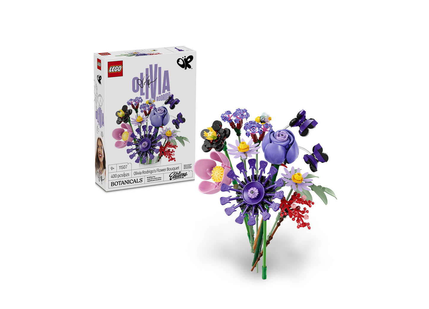 LEGO Olivia Rodrigo's Flower Bouquet 11507 building set with purple, pink, and yellow flowers