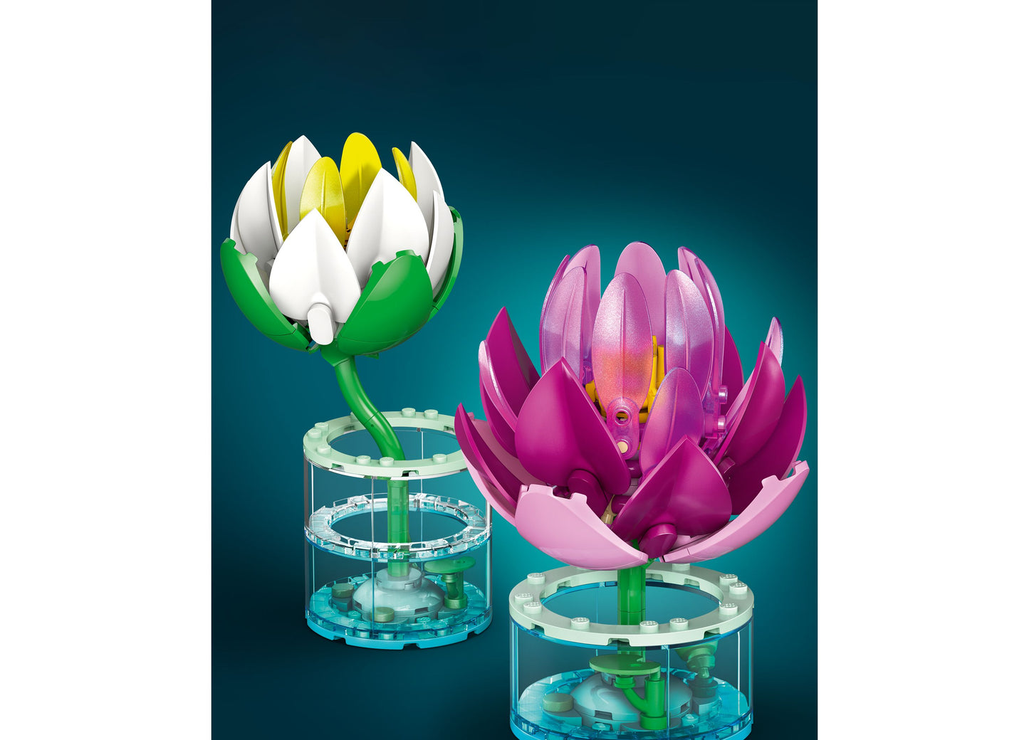 LEGO Botanicals Water Lilies 11511 building set with white and pink flower models in clear display bases
