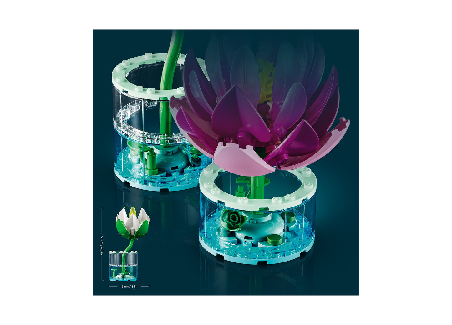 LEGO Botanicals Water Lilies 11511 building set with purple and pink flower petals, green stem, and turquoise base pi...