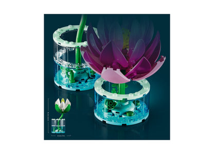 LEGO Botanicals Water Lilies 11511 building set with purple and pink flower petals, green stem, and turquoise base pi...