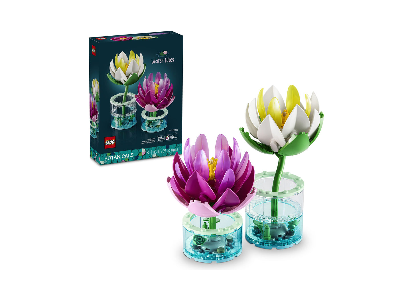 LEGO Botanicals Water Lilies 11511 building set with purple and white flower blooms in clear water vases