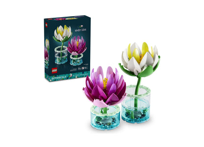 LEGO Botanicals Water Lilies 11511 building set with purple and white flower blooms in clear water vases