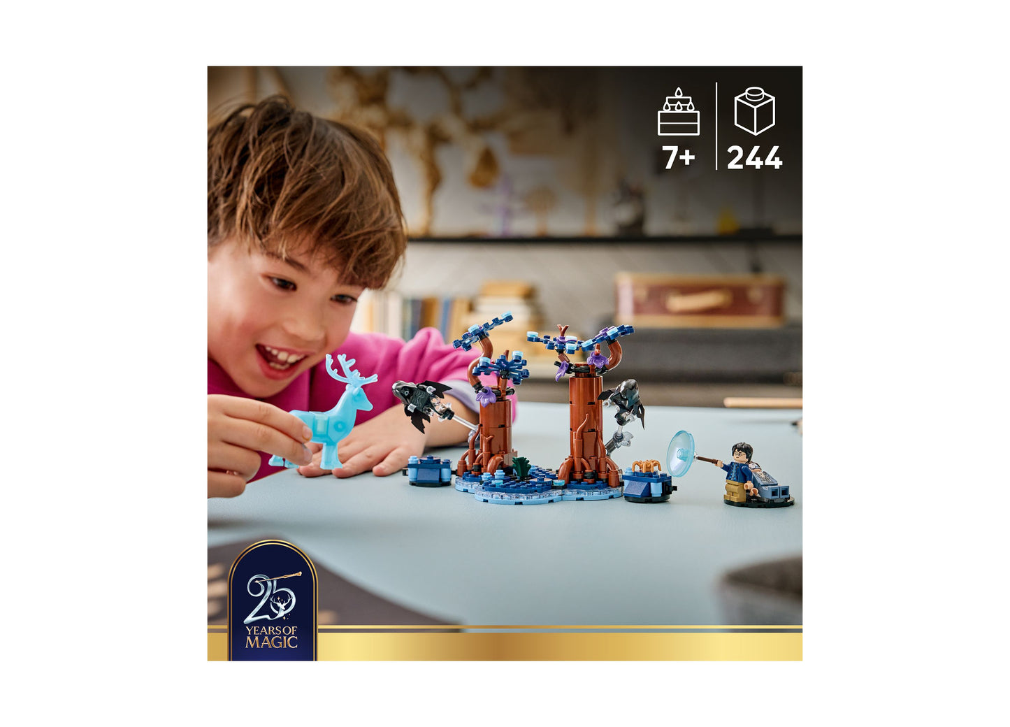 LEGO Harry Potter Forbidden Forest Expecto Patronum 76475 building set with blue and orange pieces, displayed with ch...