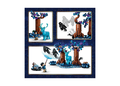 LEGO Harry Potter Forbidden Forest Expecto Patronum set with brown trees, blue deer, dark figures, and minifigures