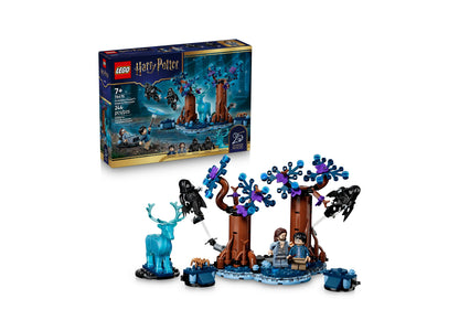 LEGO Harry Potter Forbidden Forest Expecto Patronum 76475 set with blue Patronus, brown trees, and minifigures