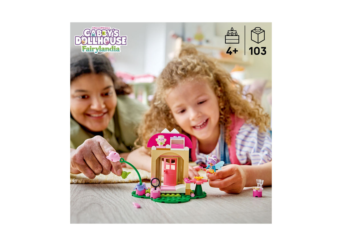 LEGO Gabby's Dollhouse Kitty Fairy's Garden House 103-piece set with pink and green pieces, shown with children playing
