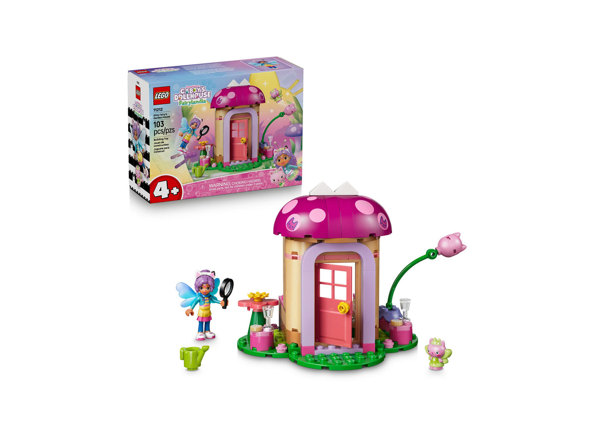 LEGO Gabby's Dollhouse Kitty Fairy's Garden House 11212 with pink mushroom roof, fairy minifigure, and accessories
