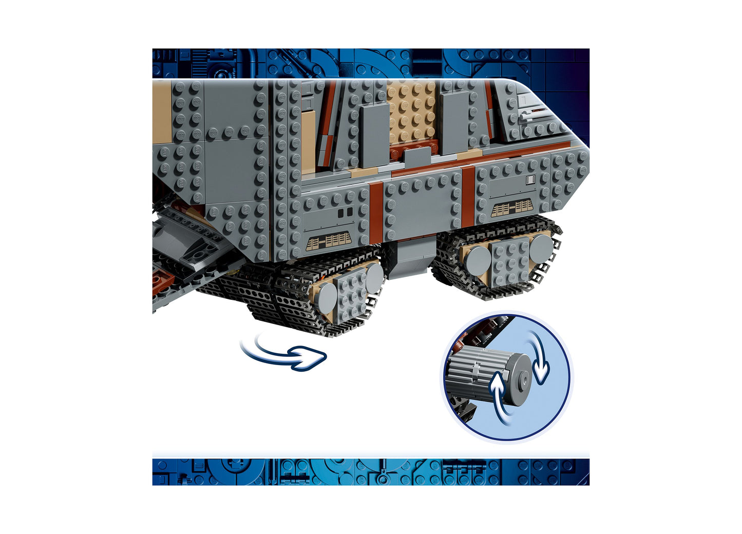 LEGO Star Wars Sandcrawler 75453 building set with gray tracked vehicle and motorized wheels