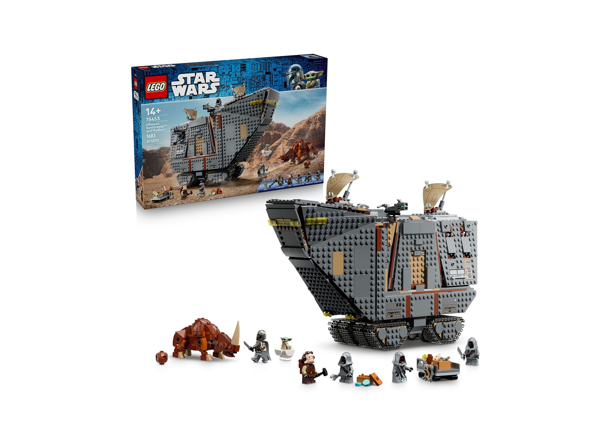 LEGO Star Wars Offworld Sandcrawler 75453 building set with minifigures and Mudhorn creature