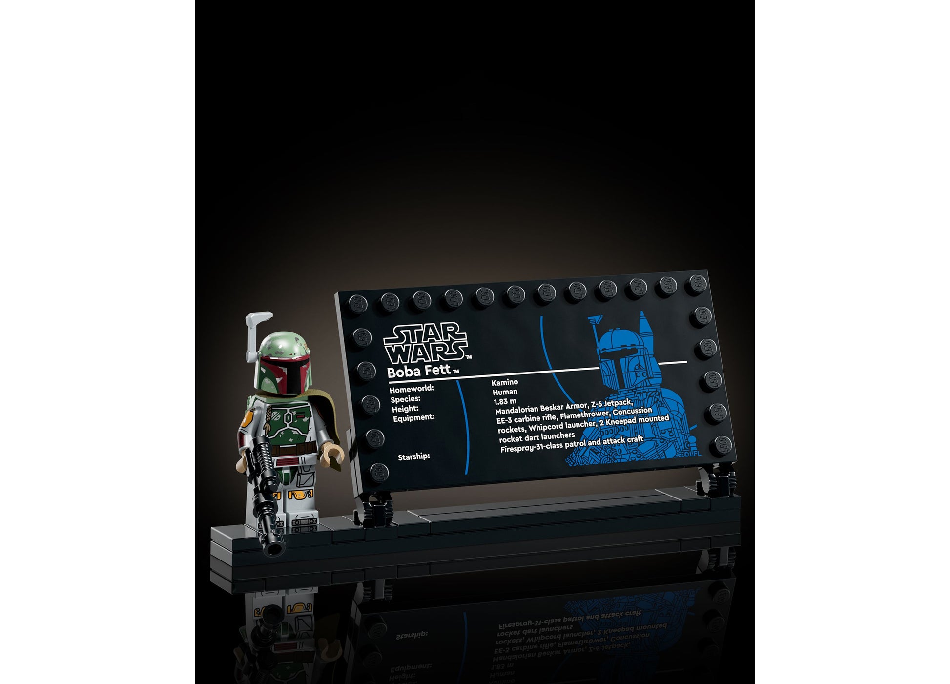 LEGO Star Wars Boba Fett 75455 minifigure with display stand and character information card