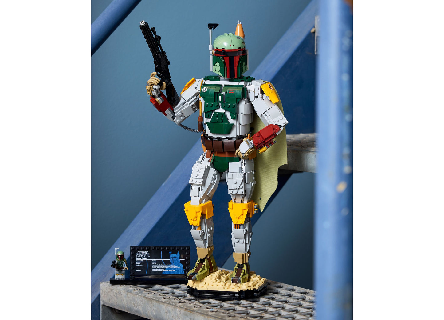 LEGO Star Wars Boba Fett 75455 building set featuring green, white, and yellow armor with blaster rifle