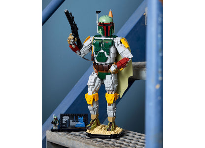 LEGO Star Wars Boba Fett 75455 building set featuring green, white, and yellow armor with blaster rifle