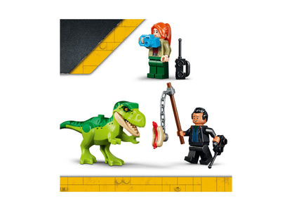 LEGO Jurassic World Young T. rex Transport Truck 77978 set with green dinosaur, minifigures, and yellow measuring ruler