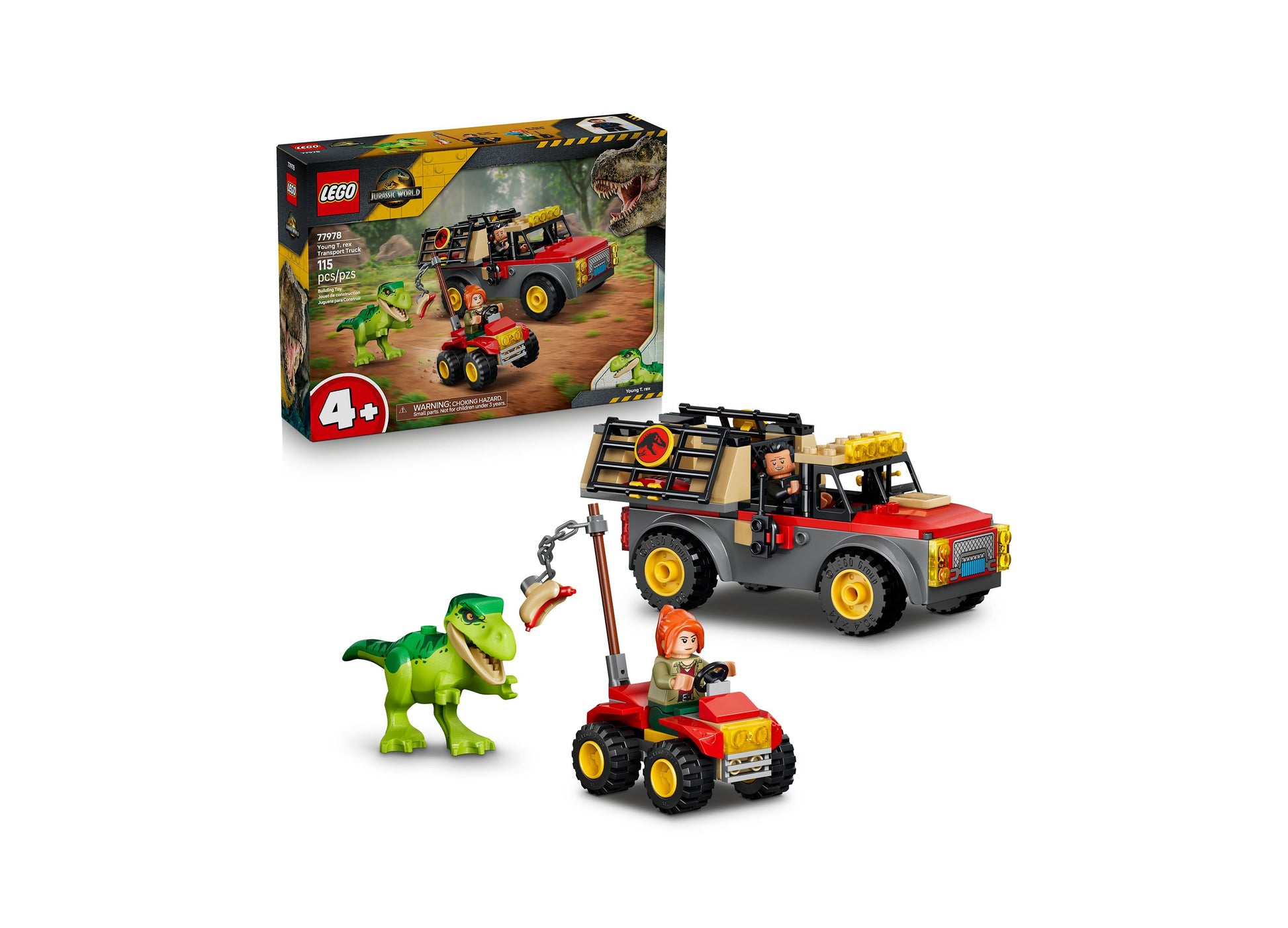 LEGO Jurassic World Young T. rex Transport Truck 77978 set with red truck, dinosaur figure, and minifigures