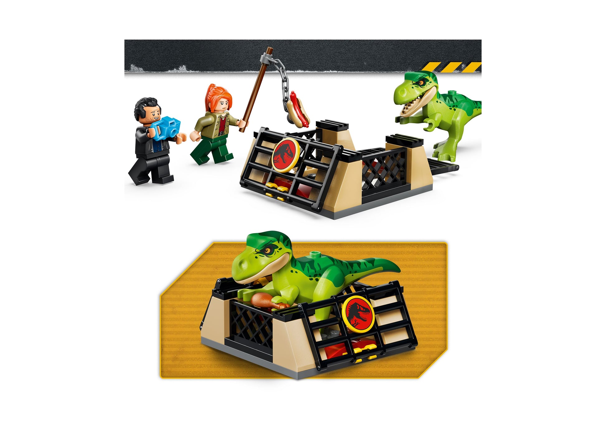 LEGO Jurassic World Young T. rex Transport Truck 77978 with green dinosaur, minifigures, and tan/black truck