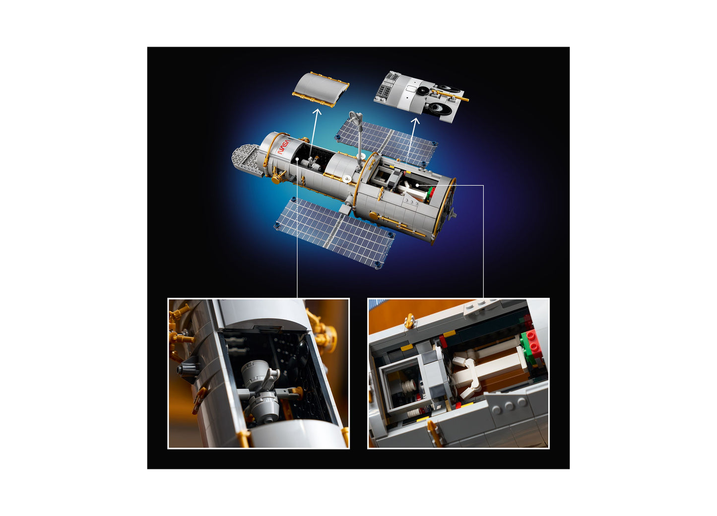 LEGO Icons Hubble Space Telescope 11382 building set with 1252 pieces, featuring detailed white and gold spacecraft m...