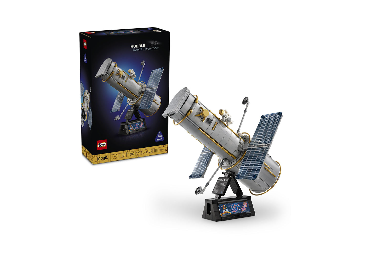 LEGO Icons Hubble Space Telescope 11382 building set with silver, gold, and blue solar panels displayed with box