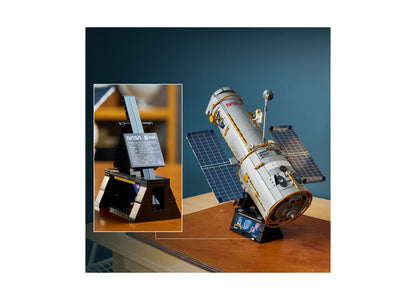 LEGO Icons Hubble Space Telescope 11382 building set with solar panels and detailed white spacecraft model