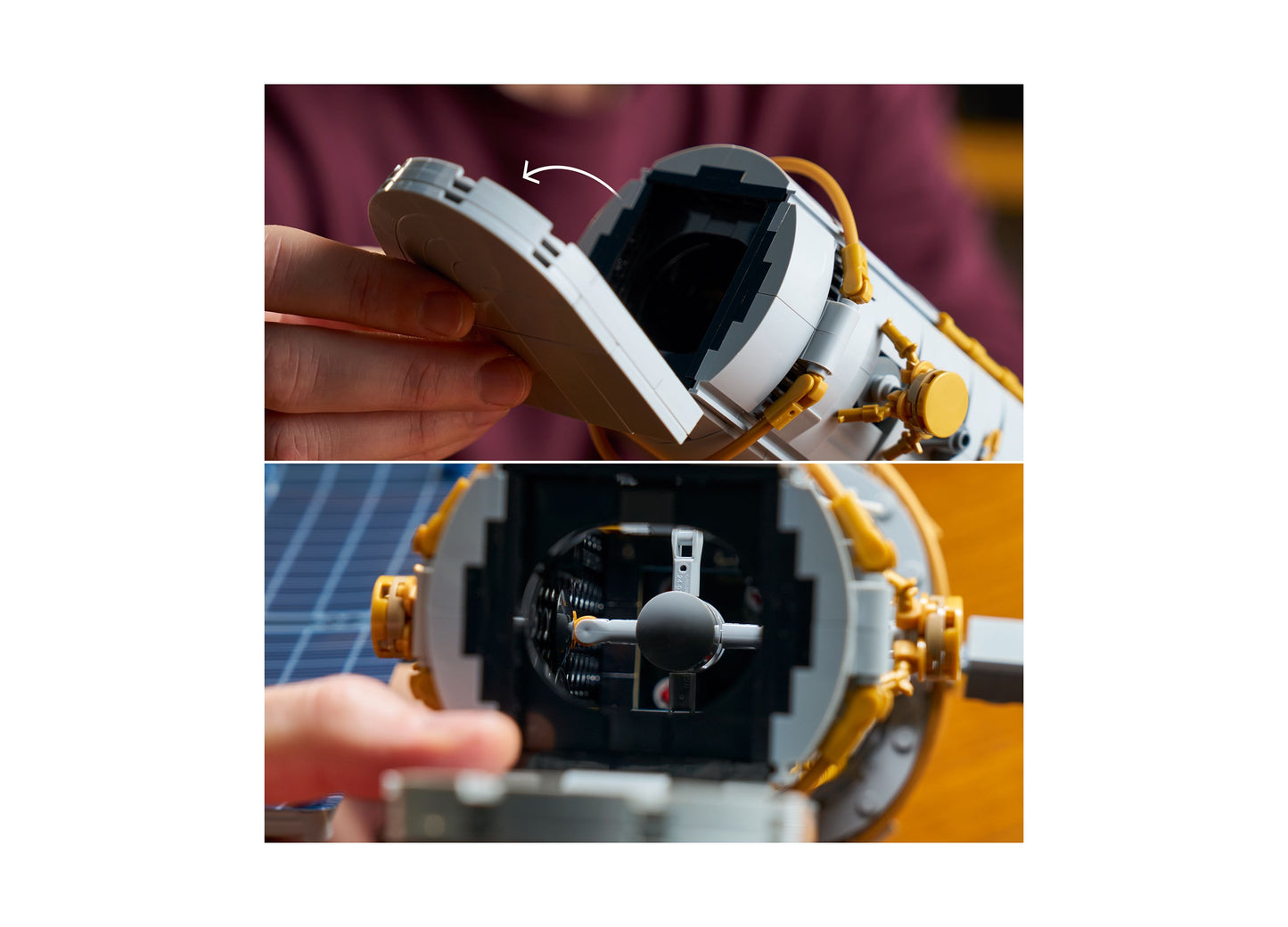 LEGO Icons Hubble Space Telescope 11382 building set with white and yellow pieces, shown assembled and disassembled