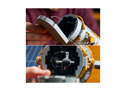 LEGO Icons Hubble Space Telescope 11382 building set with white and yellow pieces, shown assembled and disassembled