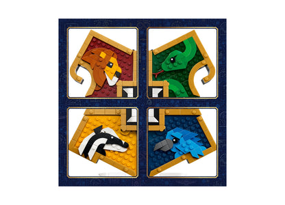 LEGO Harry Potter Hogwarts House Crest 76462 set showing four house crests in red, green, yellow, and blue