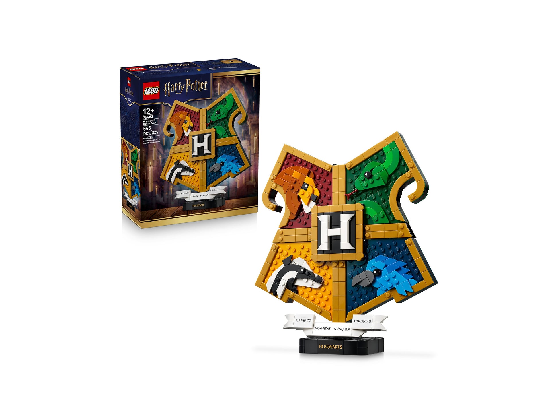 LEGO Harry Potter Hogwarts House Crest 76462 building set with colorful house shields and display stand
