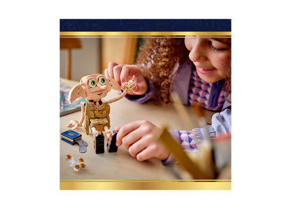 LEGO Harry Potter Dobby the Free Elf 76469 building set with tan and gold details, shown being played with by a child