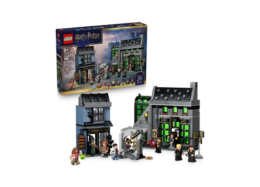LEGO Harry Potter Knockturn Alley Wizarding Shops 76471 building set with gray and green storefronts, minifigures, an...