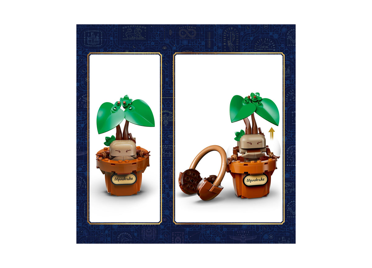 LEGO Harry Potter Mandrake plant toy set showing two buildable Mandrake figures with green leaves in brown pots