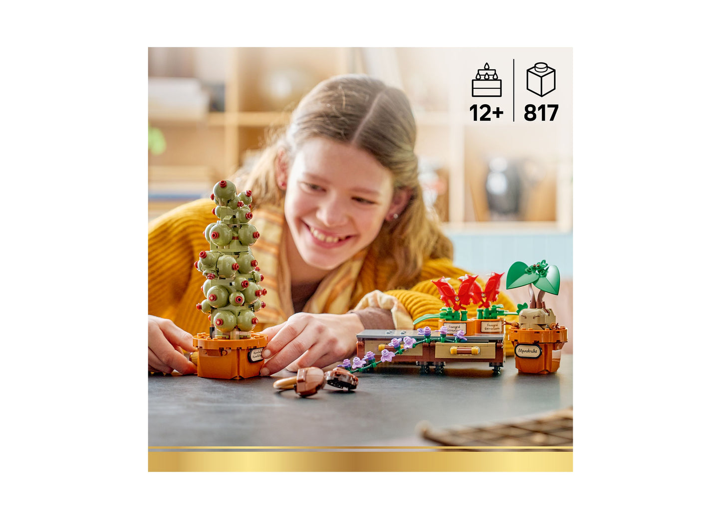 Girl playing with LEGO Harry Potter Hogwarts Herbology Plants set featuring green and red decorative plants